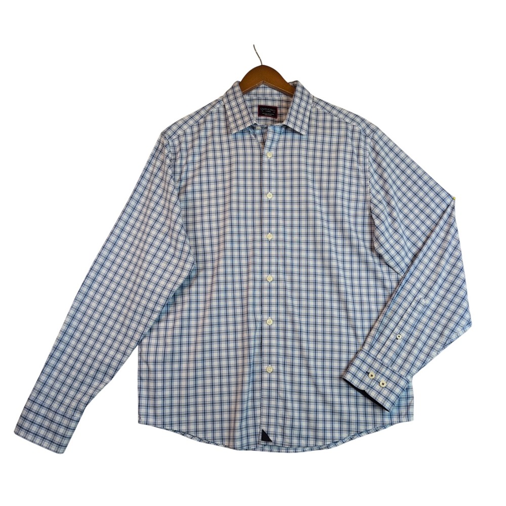 UNTUCKit Oliverhill Men Large Blue Plaid Performance Stretch Shirt Office
